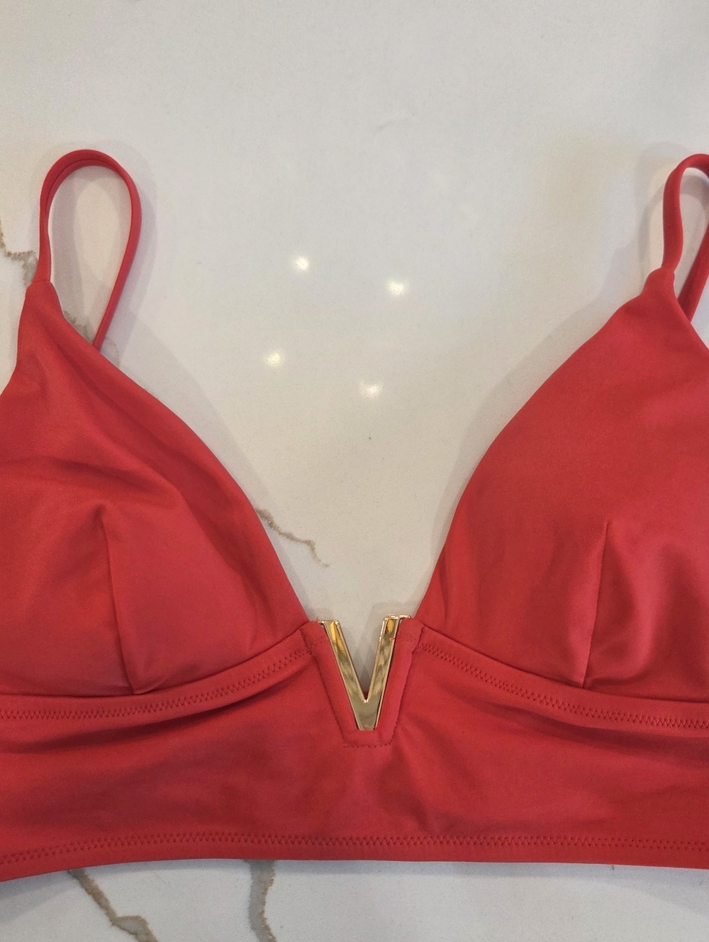 Victoria’s Secret Red Bikini Top Gold V Hardware Triangle Bralette Resort Y2K XL